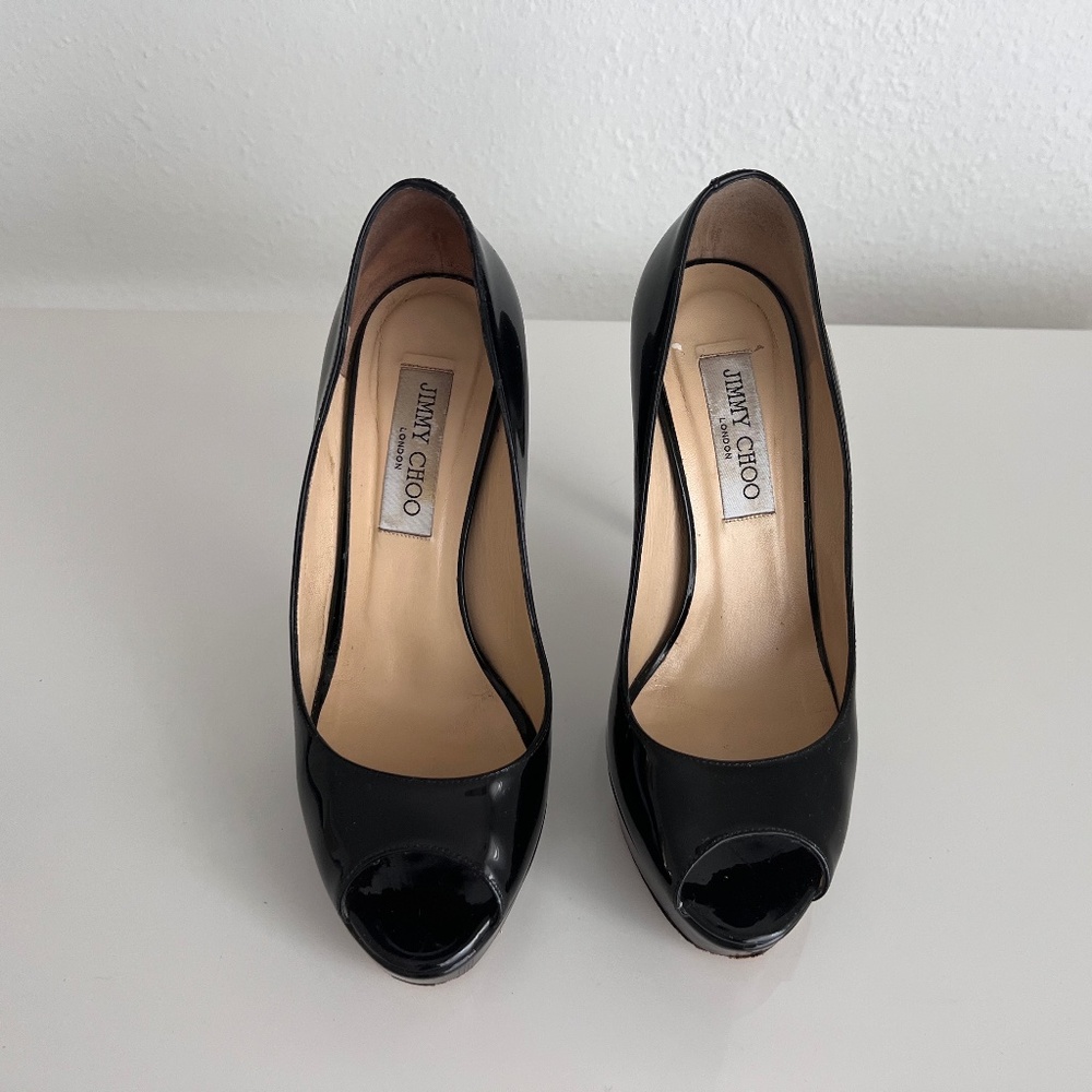 Jimmy Choo Black Patent Leather Peep Toe Pumps